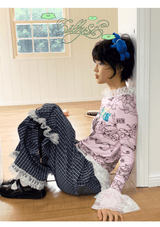 sillysis 可愛いイラストの小熊、ピンクの花柄プリント、宮廷風のギャザーレース付きTシャツ、インナー用トップス レディース