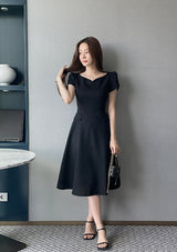 Sebit Heart-Neck Tulip Tweed Flared Long One Piece