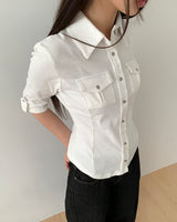 [MADE] Theku Pocket Roll-Up Neck Collar Slim Fit 3/4 Sleeve Shirt