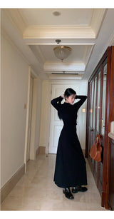 Half Turtleneck Black Flared Long Dress