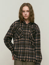 CUT OFF LOOSE-FIT HOODIE SHIRT [BROWN]