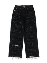 [unisex]レーザーダメージワイドデニム