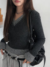Mars Color Matching Double Button V-Neck Knit