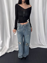 Toris Distressed Fold-Cuff Wide Denim Pants