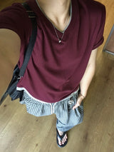 Knitted Layered V-Neck Short Sleeve T-Shirt 4C
