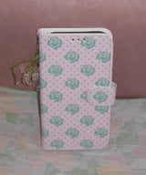 Rose Dot Pink Strawberry Milk Vintage Diary Case Leather Card Wallet Phone Case