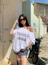 Barcode unbuttoned shoulder loose fit tee