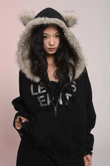 eat me plz* Cathy Cat Ear Fur Fleece Hoodie for Autumn-Winter Warmth Jacket