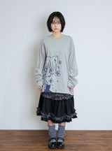 キャットガール & フラワー長袖Tシャツ - グレー