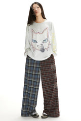 Retro elastic waistband comfortable casual and laid-back color-blocked straight-leg checkered pants