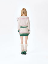 13DE MARZO Fair Isle Bear Off Shoulder Sweater Beige