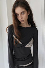 26SS★ TWISTED LACE LAYERED DRAPE T-SHIRT