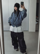 Kanto incision denim two-way quilted flight jumper