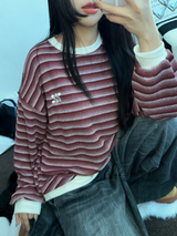 ストライプパッチスウェットシャツニット 🖤❤2COLOR