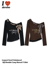 Leopard Scarf Unbalanced Off-Shoulder Long-Sleeved T-Shirt
