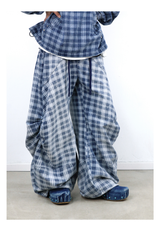 RELABEL (Gemeng) Flower Bud Balloon Check Print Draped Loose-Fit Crinkled Gradient Washed Denim Trousers