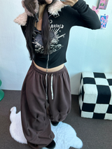 ファー🤎🧸クロッピードハーフプリンティングジャンパージップアップ🩶🖤2カラー