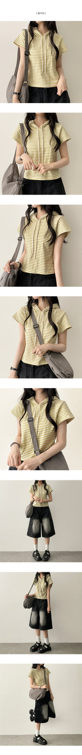 Linka Stripe Dangara Half Crop Short Sleeve Hoodie