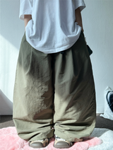 TRACKING BUCKLE NYLON CRINKLE TWO PLEAT WIDE LONG PANTS 💛🖤💚 - 3 COLORS