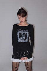 eatmeplz* ブラックレースラビット ラウンドネック プリントフィット長袖Tシャツ