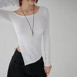 [Modic] Slit One-Shoulder Unbalanced Long-Sleeve T-Shirt - 5 Colors