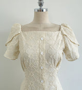 26SS★ Ruckbell Square Neck Embroidered Tulip Pintuck Long One Piece