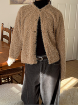 Hairy crop round knit cardigan(3color)