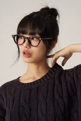 ケーブルウォッシング半袖ニット - Navy