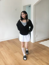 Wrap loose fit shirring hooded knit (4c)