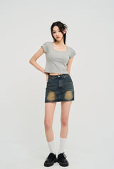 [U-BASIC] Poke Span Square Cap Sleeve T-Shirt
