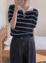 Border Collar Button Short Sleeve Knit (4color)
