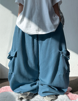 KOREAN 🧇 WAFFLE PUNCHING 🧇 LOOSE HIP CARGO BALLOON WIDE LONG PANTS 🩵🍓🩶 - 3 COLORS