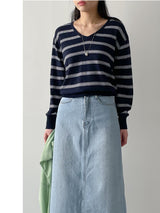 リナストライプVネックニットTシャツ