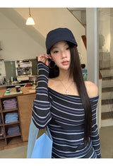 Stripe Slim Off-Shoulder Long-Sleeved Knit T-Shirt