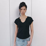 C 90S ラインスリットネック半袖Tシャツ_ブラック