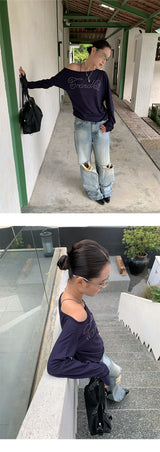 Navy unbalanced off-shoulder beads loose fit sweatshirt