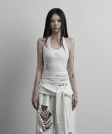 [label] hand-cut damage halterneck sleeveless (white)