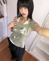 フラワーレタリングプリントホルターネック半袖Tシャツ
