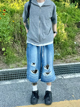 Double destroyed denim bermuda pants 1C