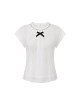 スパイラルクリスタルリボンシアーモックネックブラウス White