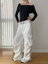 white overall pocket wide casual pants