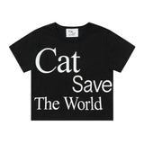 Cat Save The World クロップTシャツ (Black, White)
