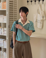 Summer Terry Stripe Collared Short Sleeve Tee