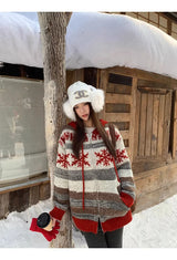 Red Snow Stripe Hooded Knit Zip-Up