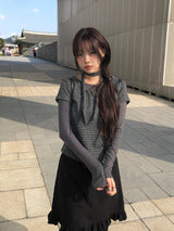 [Muffler Set/Fake Layered] Chad Stripe Layered Short Sleeve Knit T-Shirt Set