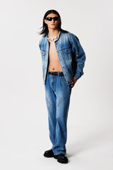 Collarless Biker Denim Jacket (Blue)