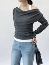 Getz Halterneck Shirred Drape Contrast Long Sleeve T-shirt