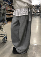 Flan Boa Fur Side Pintuck Snap Wide Pants