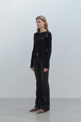 CUT OUT WRAP KNIT TOP - BLACK