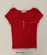 Somi Round Neck / U-Neck Button Cap Sleeve Short Sleeve T-Shirt (3 Colors)
